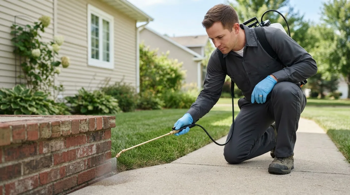 Pest control technician treating a home near Fowlerville, MI