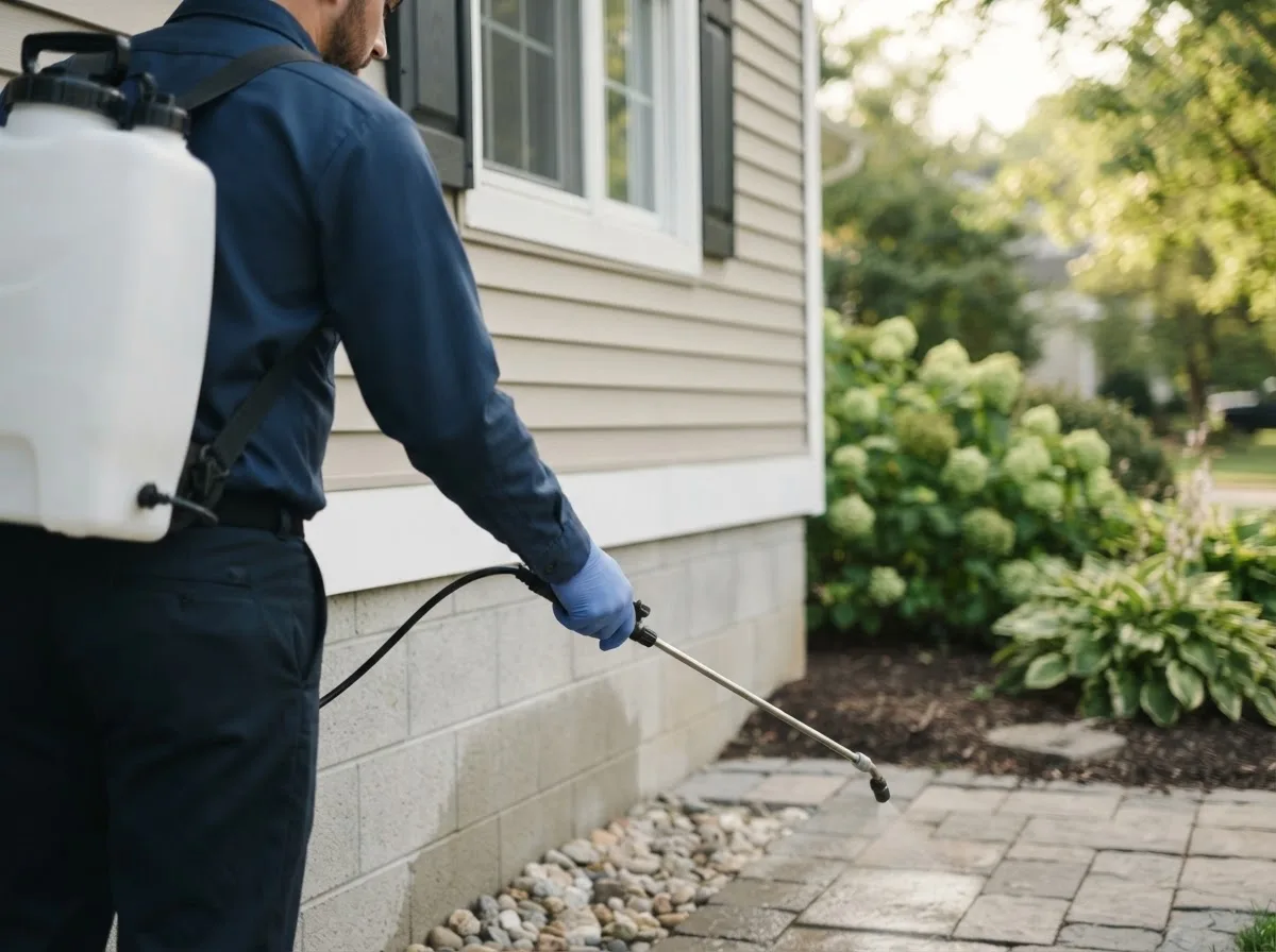 Pest control technician inspecting a home in Fowlerville, MI
